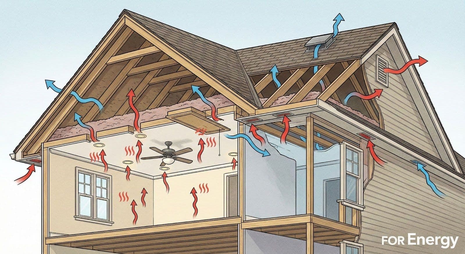 “Cutaway illustration of a house showing attic and upper rooms, with red arrows indicating warm air rising and leaking through ceilings and walls, and blue arrows showing cooler air entering through vents and gaps in the roof and siding, explaining air leakage and heat loss for energy efficiency.”