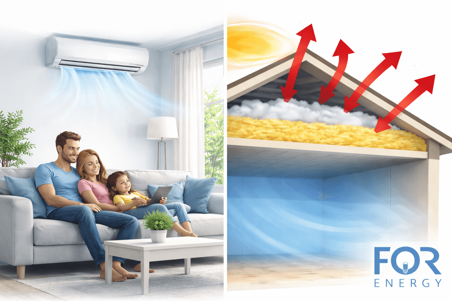 A split illustration showing a family relaxing on a couch under a wall-mounted air conditioner blowing cool air, while the other side displays an attic filled with insulation blocking heat from the sun, with red arrows showing heat being reflected away. The FOR Energy logo appears in the bottom right corner.