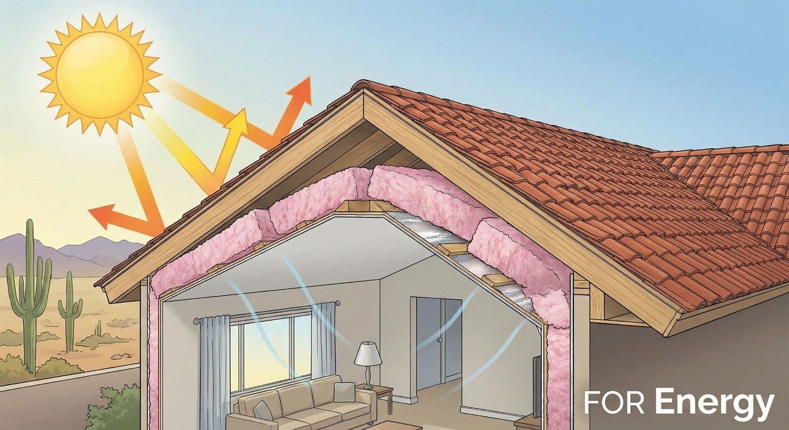 “Cutaway illustration of a home in a hot, desert climate showing roof and attic insulation; sunlight and heat arrows strike the roof while insulation blocks heat transfer, keeping the interior living space cooler and demonstrating how insulation improves energy efficiency.”