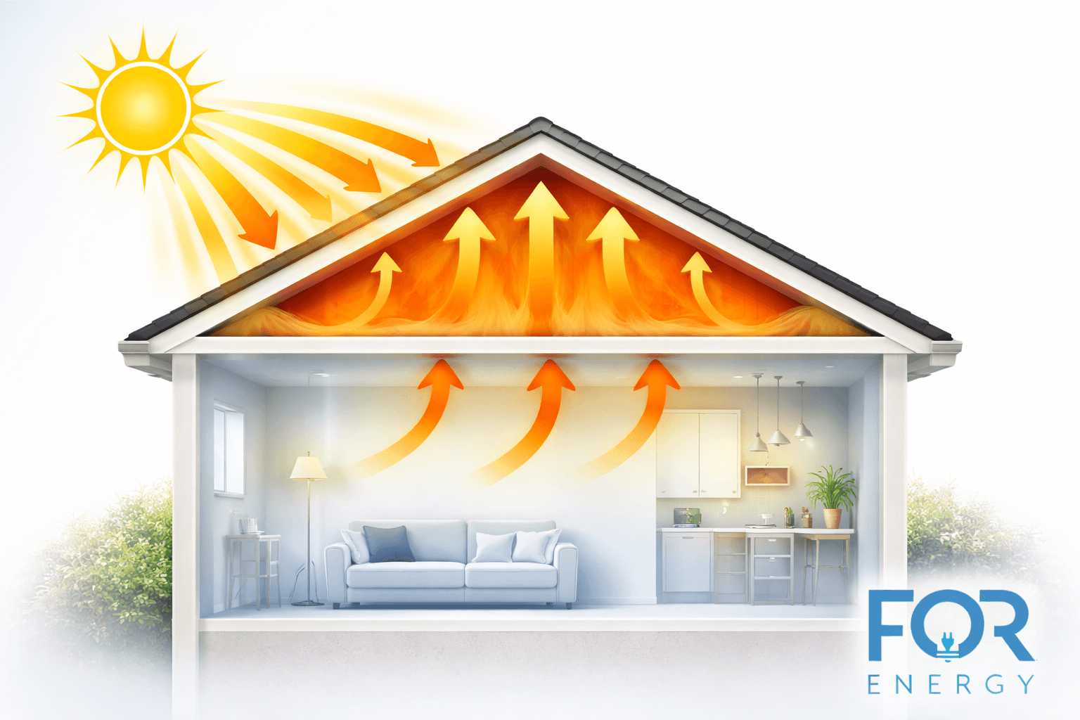 Cutaway illustration of a house showing heat transfer in the attic. Bright sunlight shines onto the roof, with yellow rays entering the attic space. Inside the attic, orange heat and upward arrows indicate hot air rising and accumulating under the roof. Additional arrows show heat moving upward from the living space below into the attic. The interior room beneath includes a sofa, floor lamp, and small kitchen area. The FOR Energy logo appears in the bottom right corner.