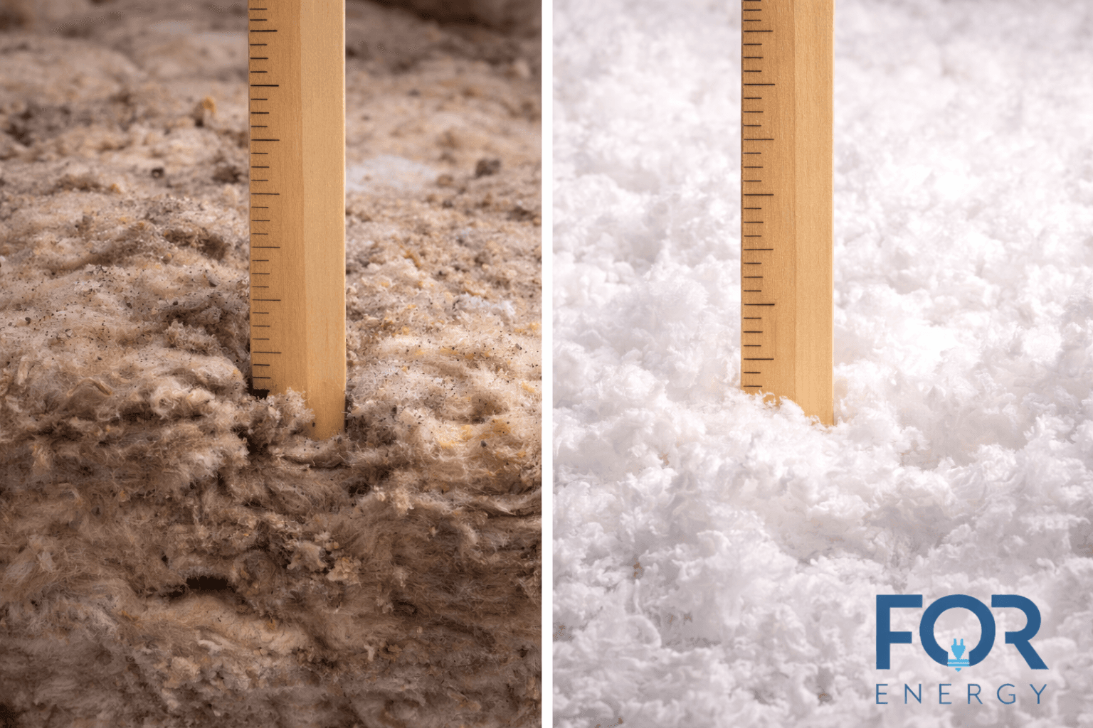 Side-by-side comparison of attic insulation depth. On the left, a ruler is inserted into older, compacted brown insulation showing a lower measurement. On the right, a ruler is inserted into thick, fluffy white insulation showing a higher measurement, indicating improved insulation coverage. The FOR Energy logo appears in the bottom right corner.