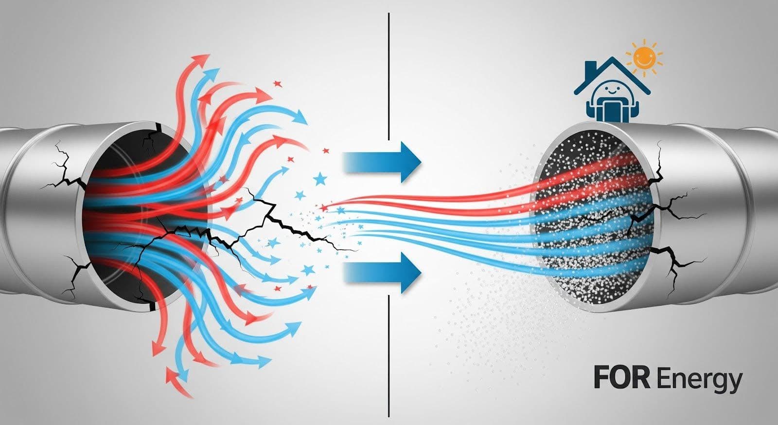 “Split illustration of a damaged air duct shown before and after sealing: on the left, cracked duct leaks red and blue airflow in all directions; on the right, sealed duct directs smooth red and blue airflow toward a house icon, illustrating improved air sealing and energy efficiency.”