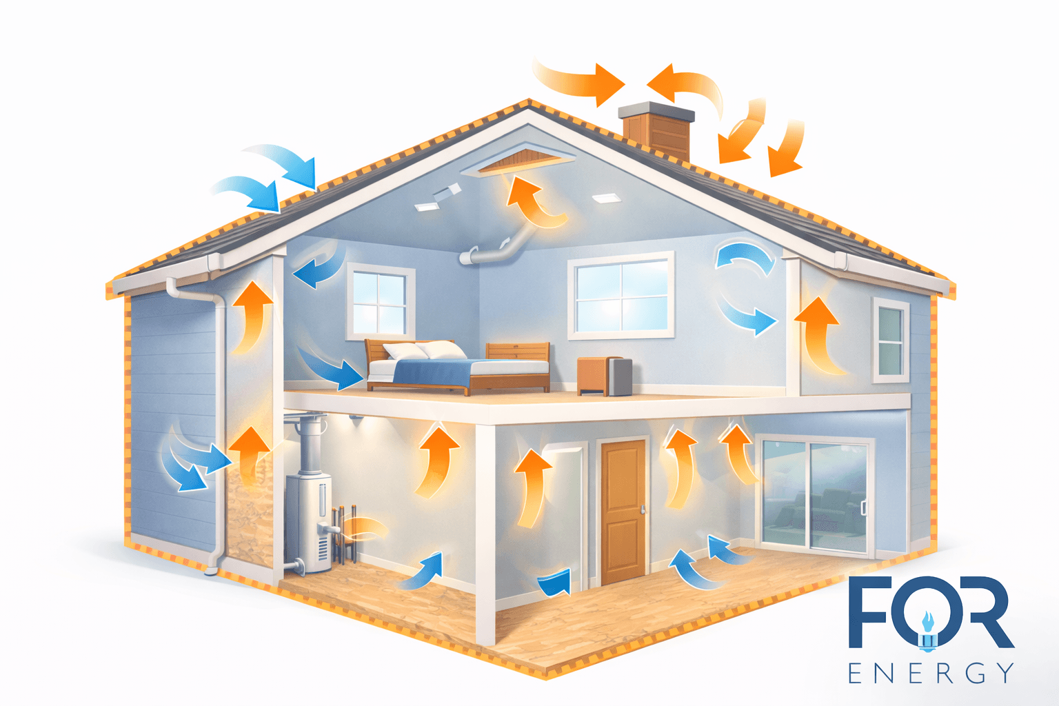 Cutaway illustration of a two-story house with highlighted insulation and airflow patterns. Orange arrows show warm air rising and escaping through the attic and chimney, while blue arrows indicate cooler air entering and circulating through windows, walls, and lower levels. A dotted outline around the exterior emphasizes the home’s thermal boundary. The FOR Energy logo appears in the bottom right corner.