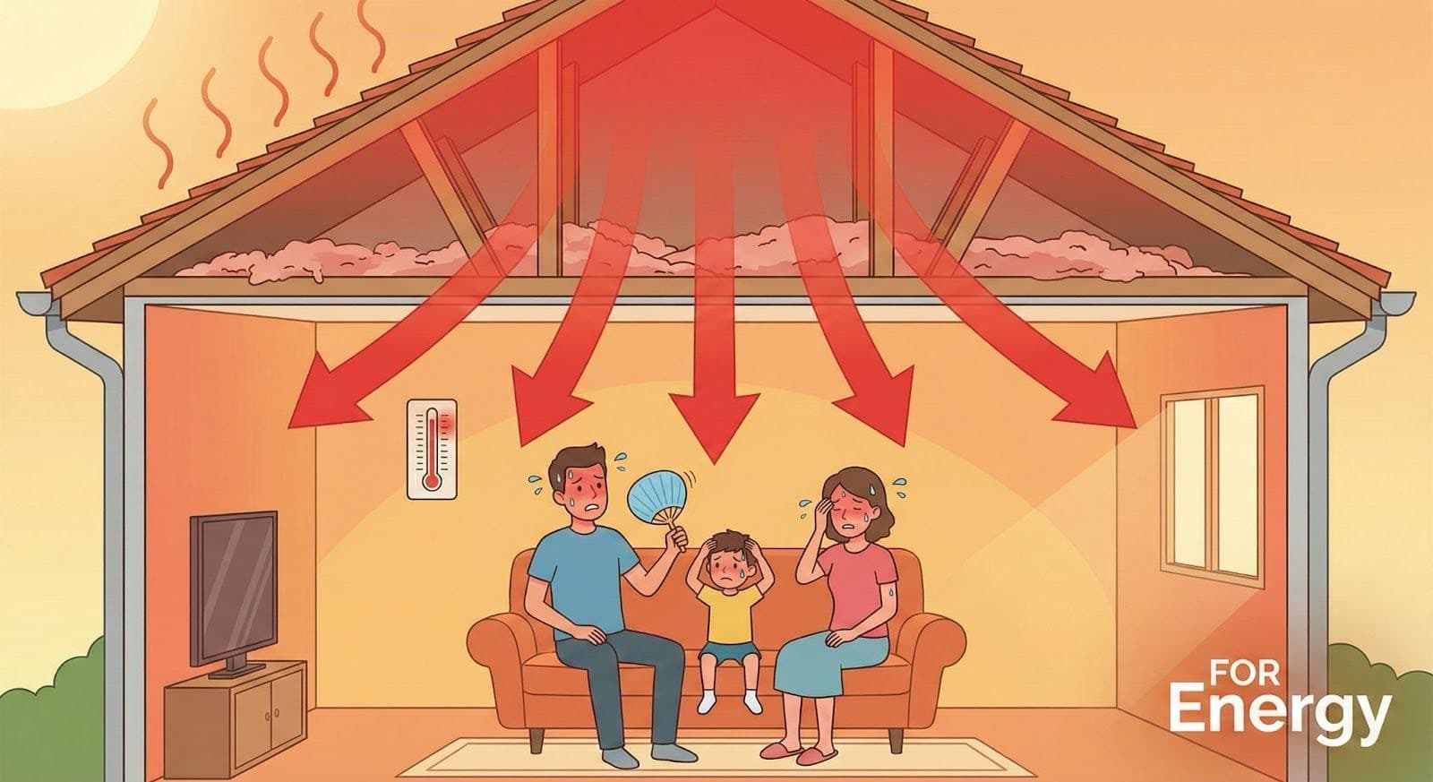 Illustration of a cutaway house showing heat entering through the roof and attic. Red arrows point downward from the hot roof into the living room, where a family of two adults and a child sit on a couch looking overheated and sweating. One adult fans themselves, the child holds their head, and a thermometer on the wall shows high temperature, illustrating poor insulation and indoor heat gain.