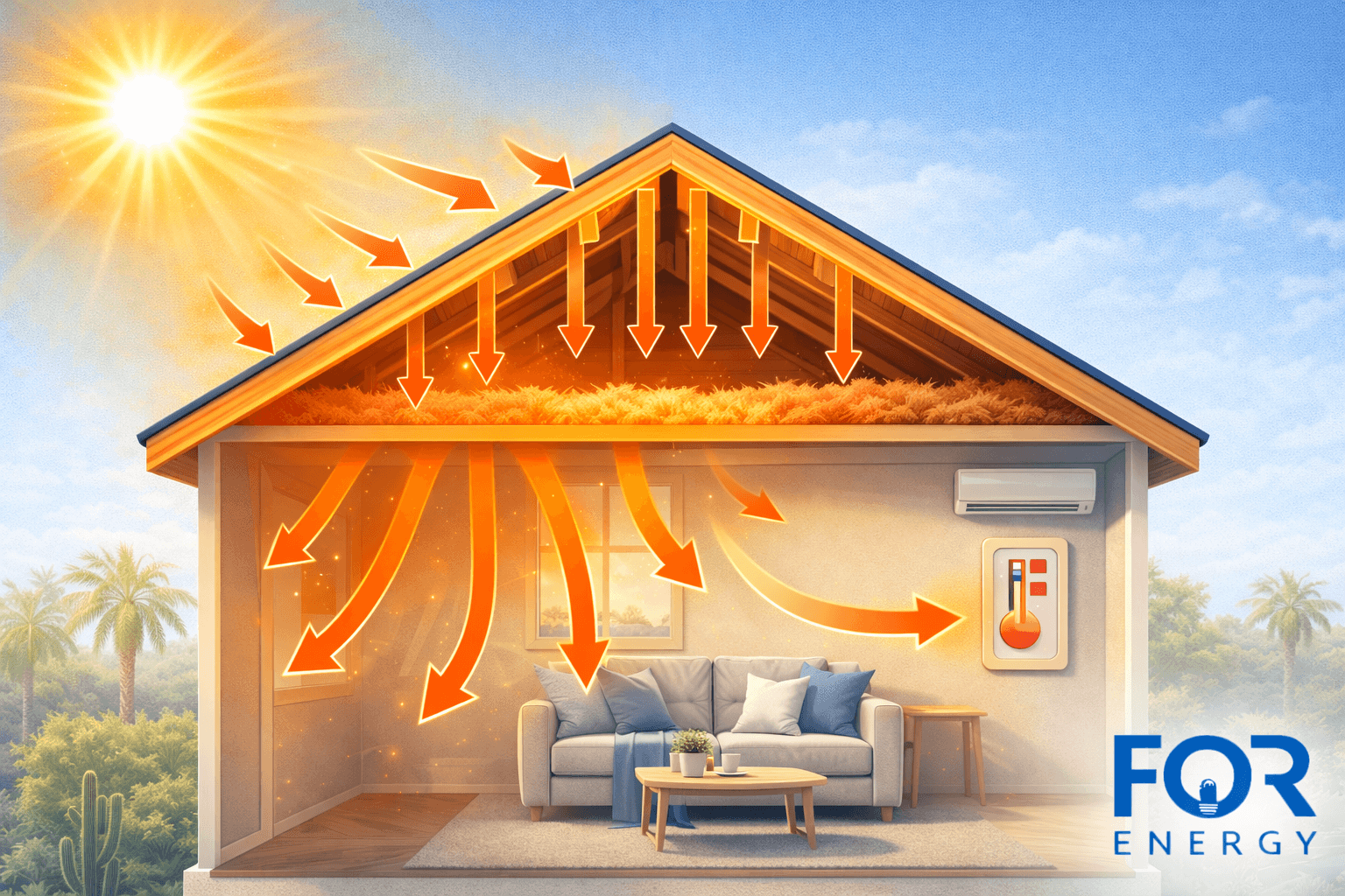 Illustration of a house cross-section under bright sun showing heat entering through the roof and attic insulation, with orange arrows flowing down into the living space toward a thermostat and air conditioner, demonstrating how attic heat affects indoor temperature. FOR Energy logo in the bottom right.